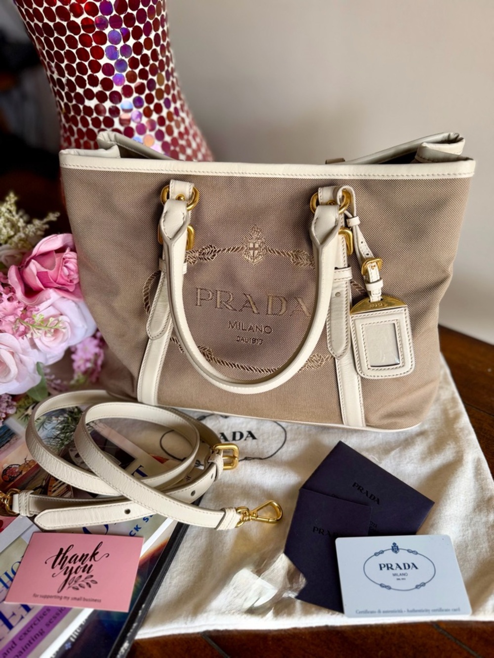 Prada Beige Logo Jacquard Canvas Tote
